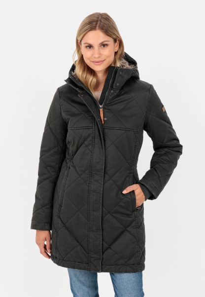 Black Quilted Coat In Vintage Look Camel Active Womenswear Ingenious Jackets & Vests