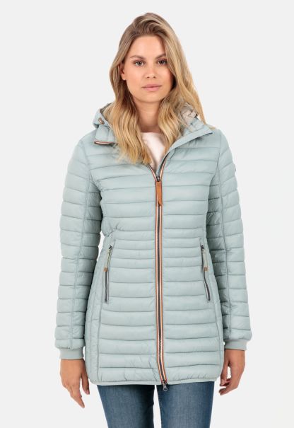 Womenswear Camel Active Blue Grey Jackets & Vests Long Quilted Jacket With Detachable Hood Discount