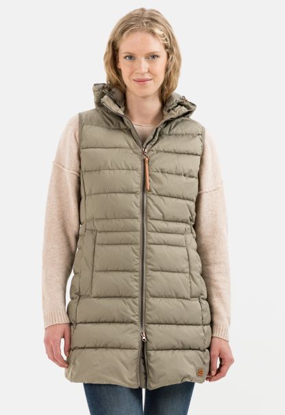 Womenswear Jackets & Vests Long Quilted Waistcoat With Detachable Hood Wholesome Khaki Camel Active