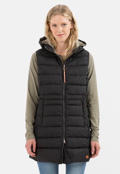 Long Quilted Waistcoat With Detachable Hood Black Womenswear Camel Active Easy Jackets & Vests