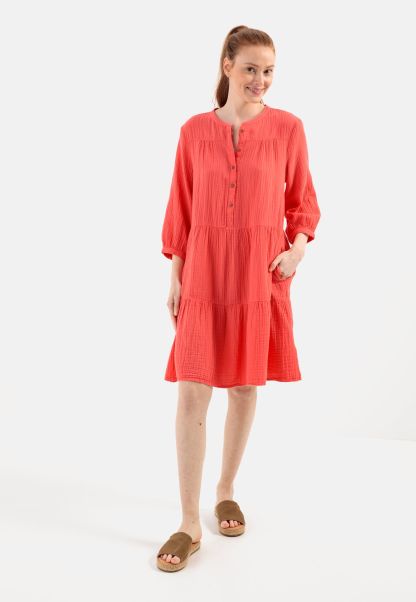 Camel Active Muslin Tiered Dress With Button Placket Premium Coral Womenswear Dresses & Jumpsuits