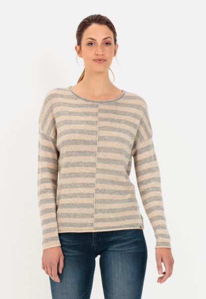 Shop Pullover & Cardigans Grey Beige Knitted Jumper With Striped Pattern Camel Active Womenswear