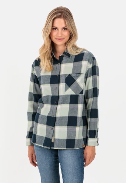 Flannel Blouse With Check Pattern Camel Active Blue Blouses Quality Womenswear