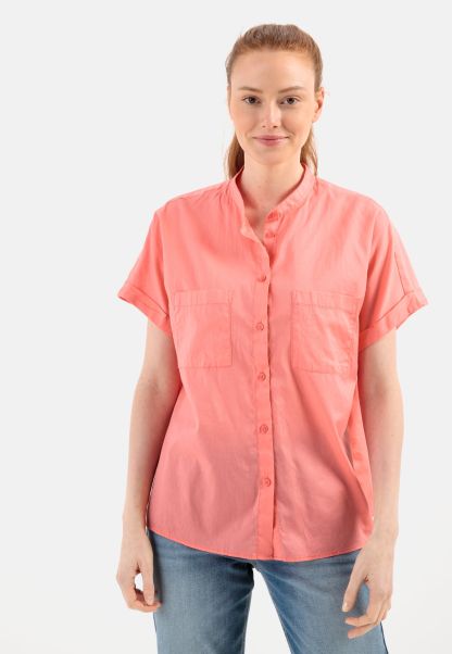 Womenswear Camel Active Coral Vivid Cotton Blouse With Stand-Up Collar Blouses