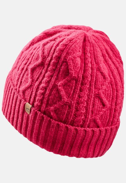 Caps & Hats Camel Active Womenswear Knitted Beanie Made Of Wool Magenta Handcrafted