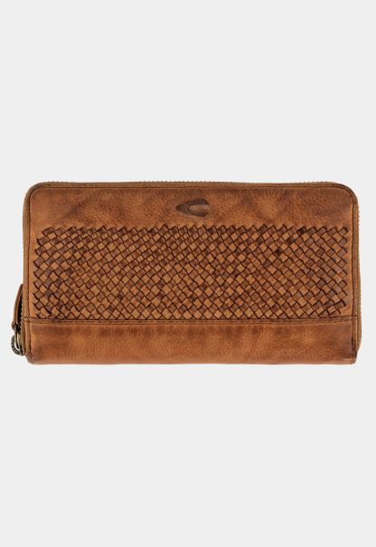 Cognac Long Zip Wallet With Hand Woven Leather Details Wallets & Cases Luxury Camel Active Womenswear