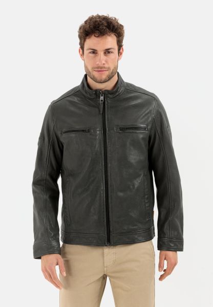 Dark Grey Jackets & Vests Luxurious Menswear Leather Blouson With Stand-Up Collar Camel Active