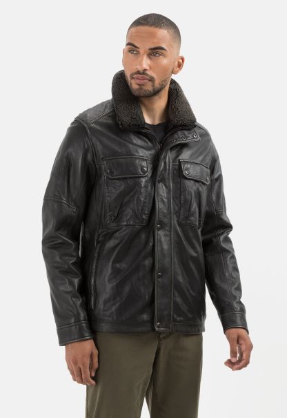 Jackets & Vests Discount Menswear Leather Jacket With Removable Collar Anthracite Camel Active