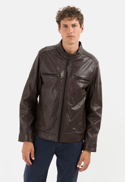 Camel Active Jackets & Vests Refresh Brown Menswear Leather Blouson With Stand-Up Collar