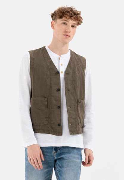 Casual Waistcoat In A Cotton And Linen Mix Olive Brown Deal Blazer & Waistcoats Menswear Camel Active