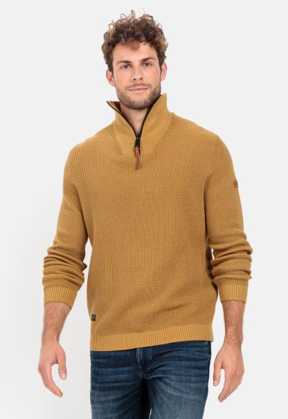 Solid Beige Pullover & Cardigan Menswear Camel Active Knitted Troyer In Organic Cotton