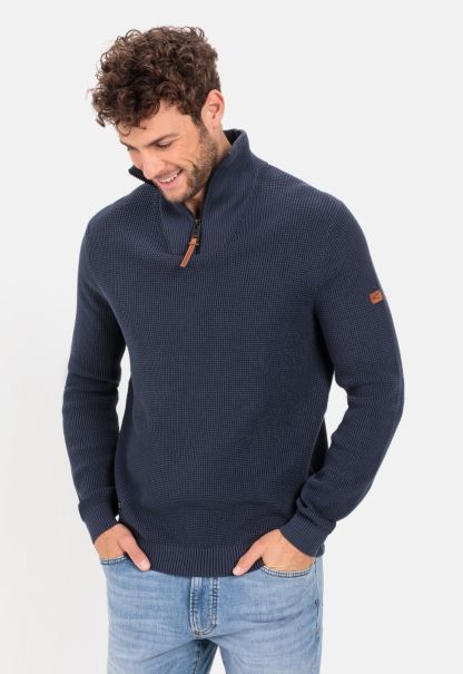 Pullover & Cardigan Camel Active Knitted Troyer In Organic Cotton Dark Blue Pioneer Menswear