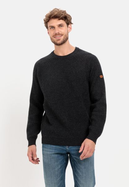 Menswear Camel Active Reliable Knitted Jumper In Warm Lambswool Dark Grey Pullover & Cardigan