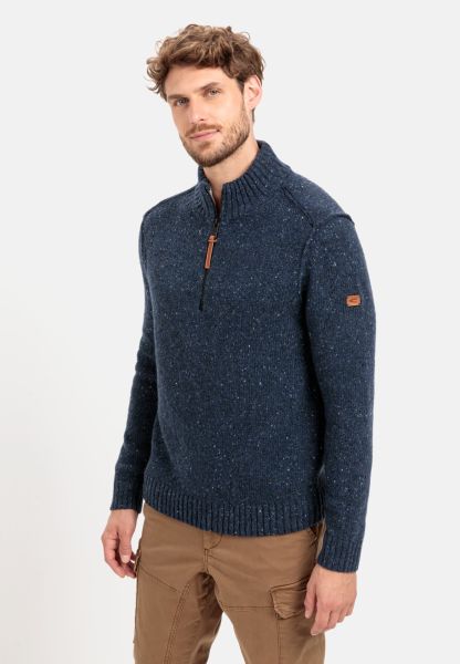 Knitted Troyer With Merino Wool Pullover & Cardigan Camel Active Revolutionize Dark Blue Menswear