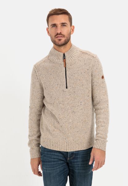 Beige Brown Camel Active Menswear Knitted Troyer With Merino Wool Pullover & Cardigan Advance