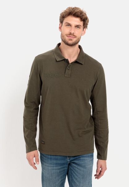 T-Shirts & Polos Camel Active Menswear Store Long Sleeve Polo Shirt In Pure Cotton Dark Khaki