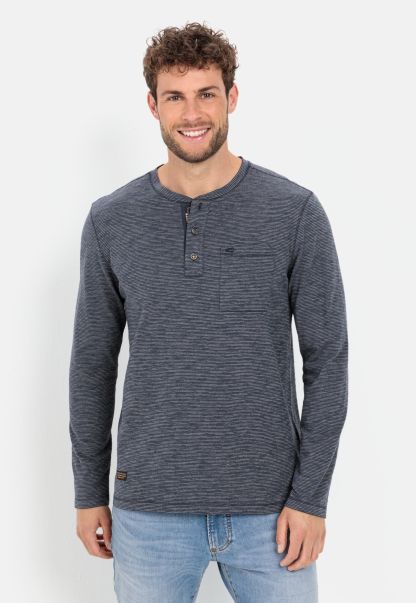 Camel Active Long Sleeve Henley Shirt With Fineliner Stripes Affordable Menswear Dark Blue T-Shirts & Polos