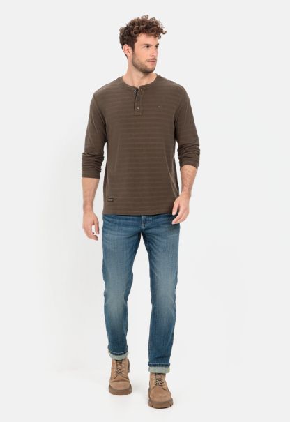 Store Long Sleeve Henley Shirt In Pure Cotton T-Shirts & Polos Camel Active Brown Menswear