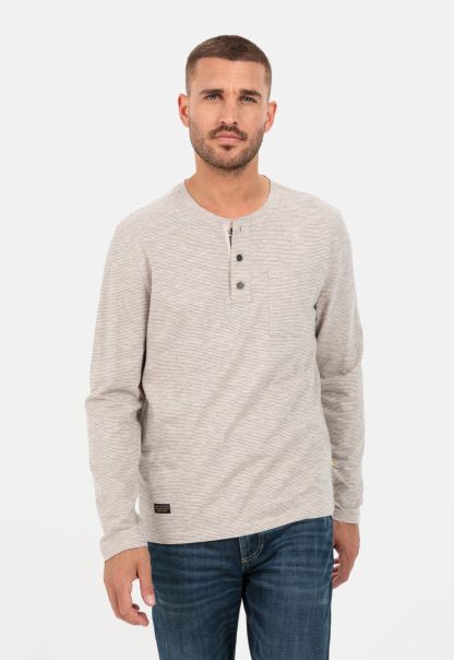 Menswear Long Sleeve Henley Shirt With Fineliner Stripes T-Shirts & Polos Beige Camel Active Promo