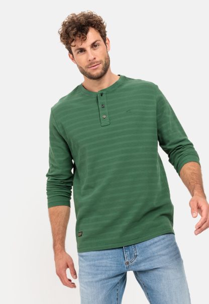 Camel Active T-Shirts & Polos Long Sleeve Henley Shirt In Pure Cotton Green Dropped Menswear