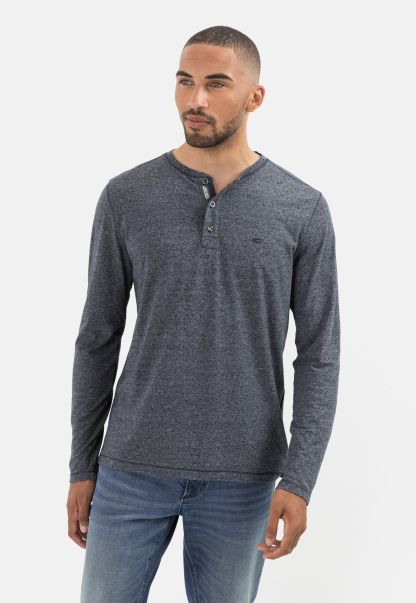 Retro Menswear Camel Active Long-Sleeved Henley Shirt In Sustainable Cotton Mix Dark Blue T-Shirts & Polos
