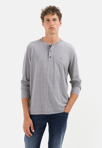 Reduced To Clear Menswear Long-Sleeved Henley Shirt In Sustainable Cotton Mix Grey T-Shirts & Polos Camel Active
