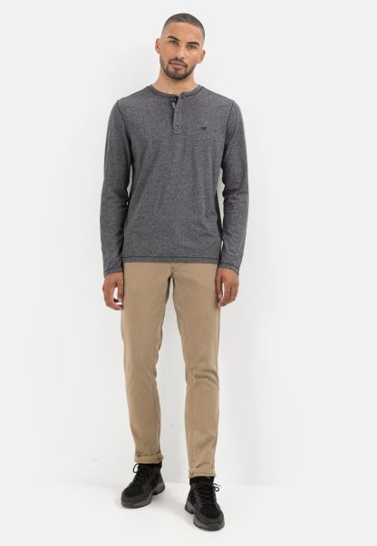 Camel Active Dark Grey Long-Sleeved Henley Shirt In Sustainable Cotton Mix Delicate Menswear T-Shirts & Polos