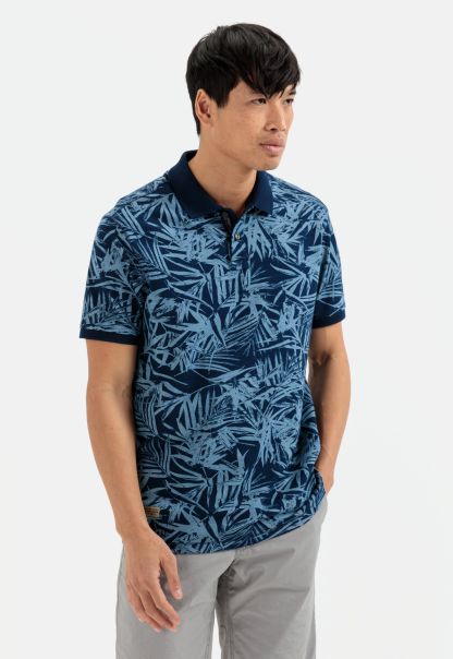Piqué Polo Shirt  With Allover Print Camel Active T-Shirts & Polos Menswear Custom Blue