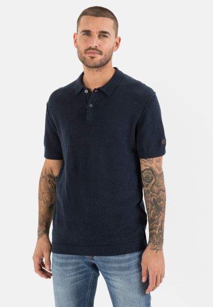 Dark Blue Menswear Camel Active Knitted Polo Shirt In A Linen Cotton Mix T-Shirts & Polos Final Clearance