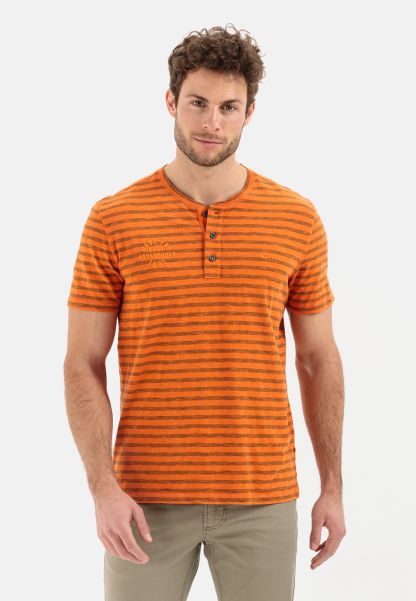 Camel Active Guaranteed Menswear Henley Shirt With Striped Pattern T-Shirts & Polos Orange
