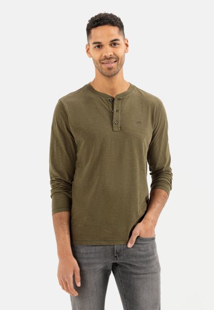 Camel Active Menswear T-Shirts & Polos Dark Olive Free Lightweight Long-Sleeved Shirt With Henley Collar In Pure Organic Cotton