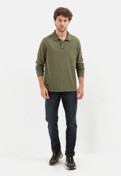 Olive-Brown Camel Active Longsleeve Polo Shirt Made From Pure Cotton Extend Menswear T-Shirts & Polos