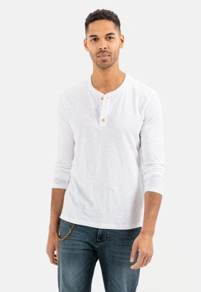 Menswear Lightweight Long-Sleeved Shirt With Henley Collar In Pure Organic Cotton T-Shirts & Polos Camel Active Exceed White