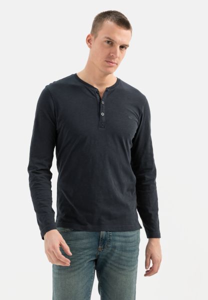 Dark Blue Lightweight Long-Sleeved Shirt With Henley Collar In Pure Organic Cotton Camel Active T-Shirts & Polos Vintage Menswear