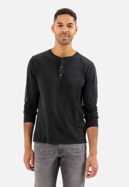 T-Shirts & Polos Camel Active Lightweight Long-Sleeved Shirt With Henley Collar In Pure Organic Cotton Reduced To Clear Black Menswear
