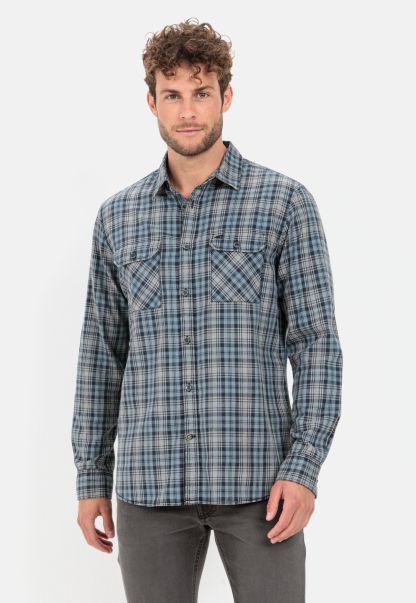 Menswear Shirts Check Shirt In Pure Cotton Expert Blue Grey Camel Active