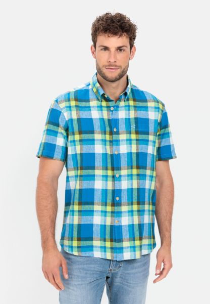 Exclusive Offer Blue Shirts Menswear Camel Active Check Shirt Made From Linen Mix