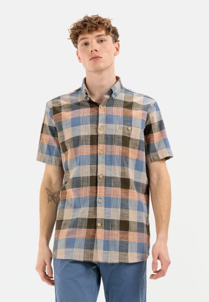 Menswear Shirts Relaxing Blue Short Sleeve Shirt With Muticolored Check Pattern Camel Active