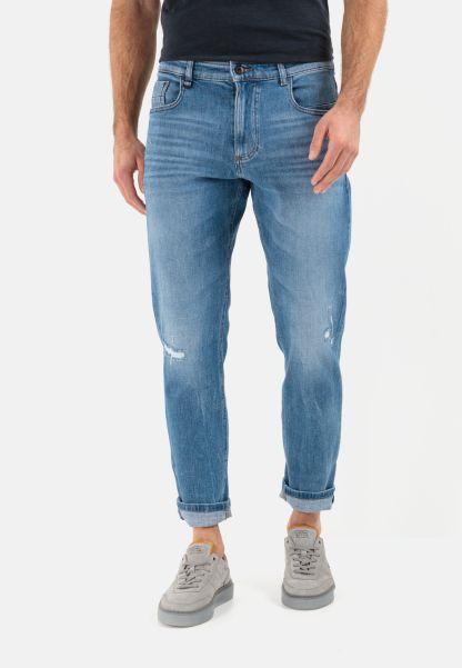 Menswear Tapered Fit Destroyed Jeans With Smartphone Pocket Camel Active Jeans Denim Blue Generate