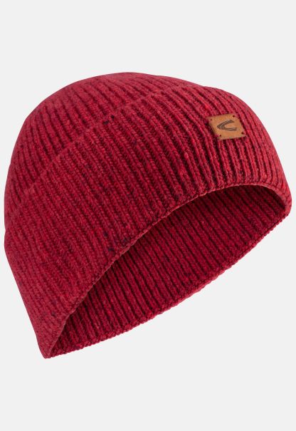 Special Deal Camel Active Menswear Red Knitted Beanie With Merino Wool Caps & Hats